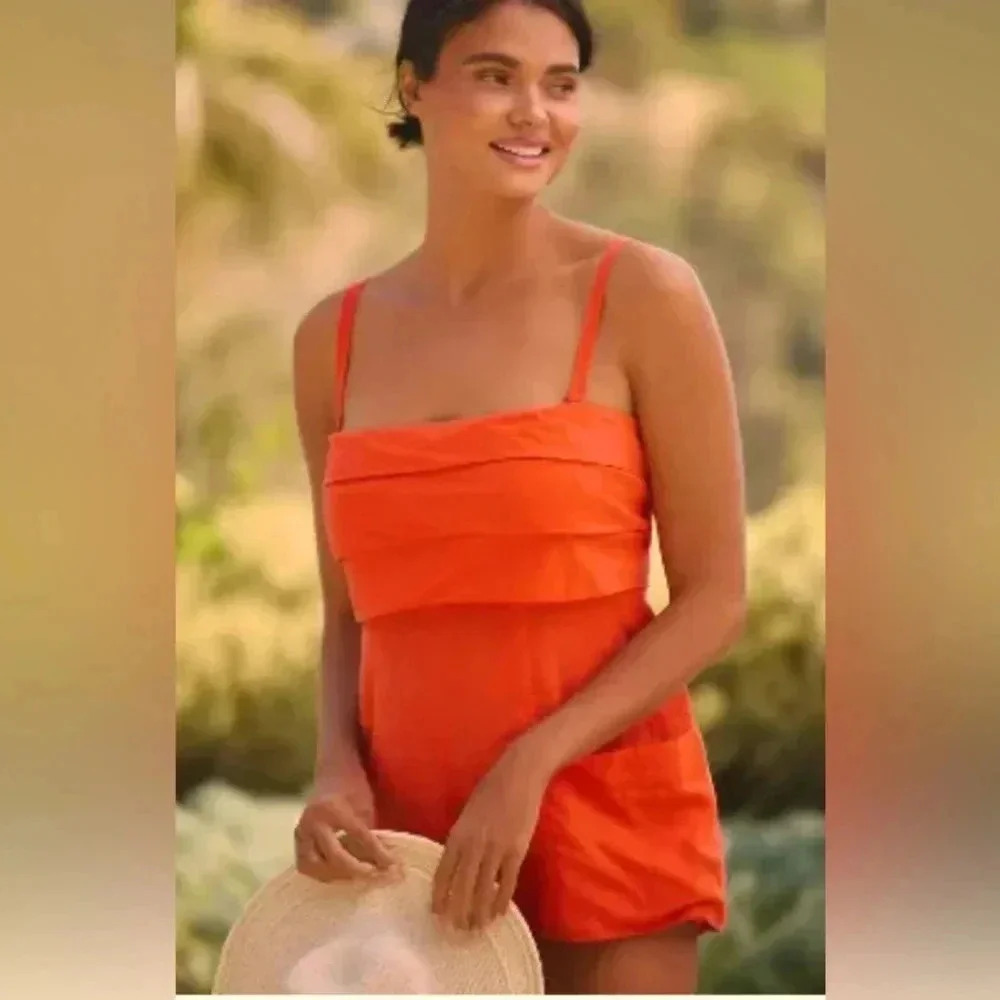Anthropologie Large Orange Strapless Linen Romper